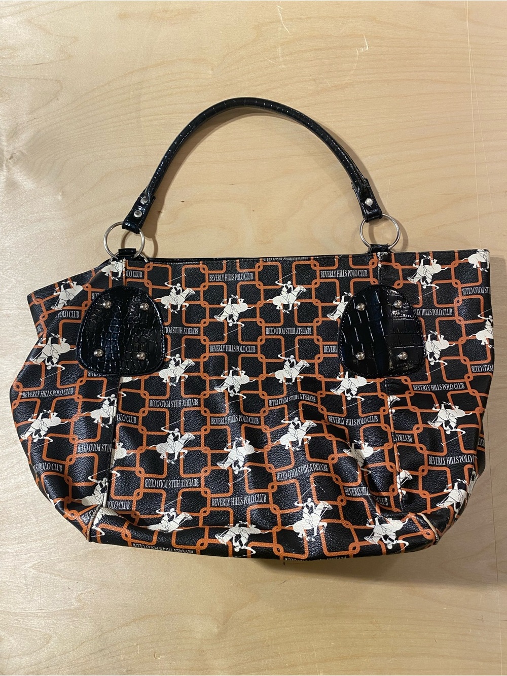 Beverly Hills Polo Club Black & Orange Patterned Women's Tote Bag (BD) - Picture 2 of 7